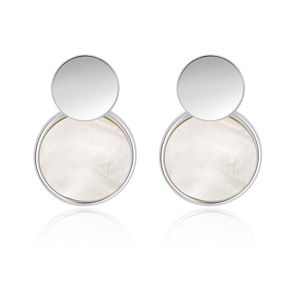 White Disc Shell Rhodium Plated Earrings